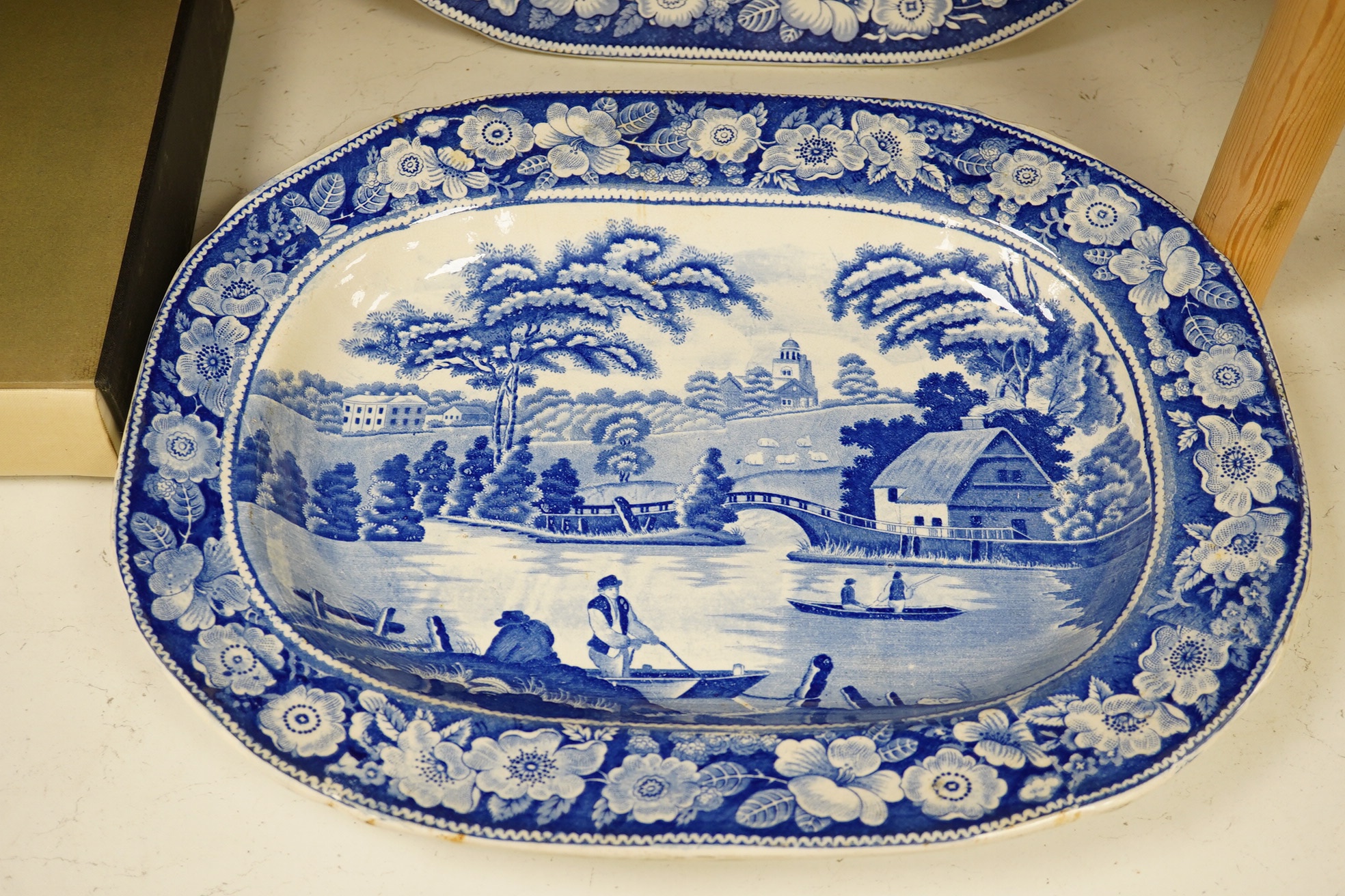 A pair of Victorian blue and white Briar Rose serving plates, 46cm wide. Condition - fair